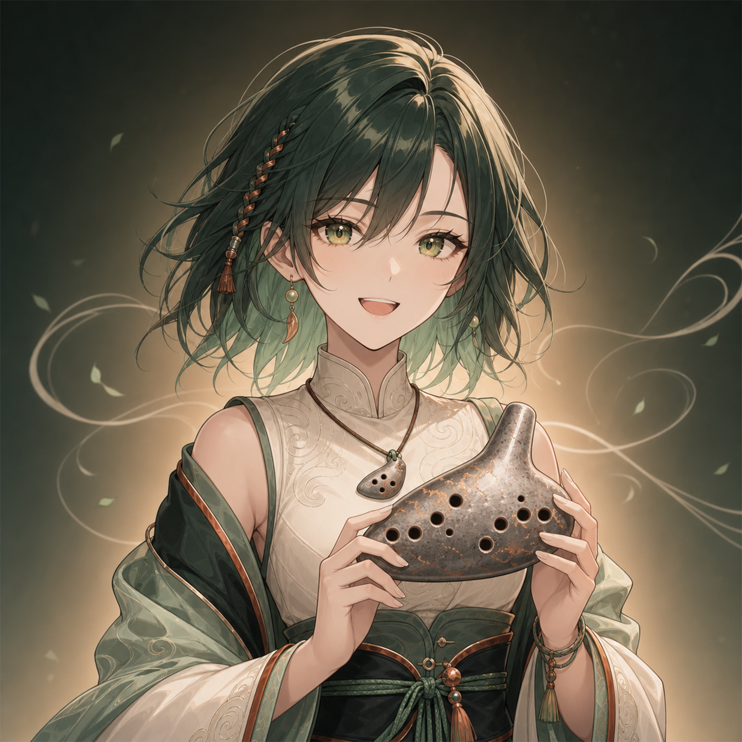 Earthwind's companion with a ceramic ocarina, surrounded by flowing lines and leaves